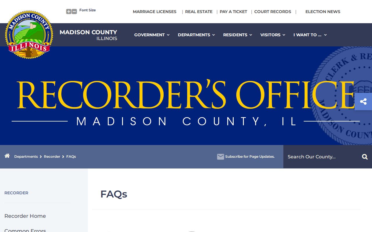 Madison County previous residents Recorder copy and search FAQ